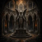 Espresso gothic bedroom art featuring a solemn angel inside a circular Gothic cloister
