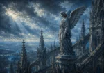Storm blue gothic framed art featuring a monumental angel above Gothic cathedral architecture for elegant interiors