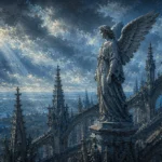 Storm blue gothic framed art featuring a monumental angel above Gothic cathedral architecture for elegant interiors
