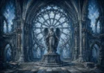 Storm blue gothic framed art featuring a solemn angel before a Gothic stone rose window