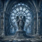 Storm blue gothic framed art featuring a solemn angel before a Gothic stone rose window