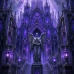 Dusty lilac large gothic wall art featuring an angel guarding a Gothic fortress entrance