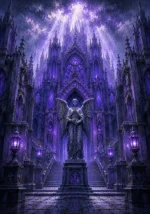 Dusty lilac large gothic wall art featuring an angel guarding a Gothic fortress entrance