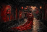 Crimson hot air balloon nursery art print featuring a geisha silhouette in a Japanese corridor with deep red accents