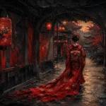 Crimson hot air balloon nursery art print featuring a geisha silhouette in a Japanese corridor with deep red accents