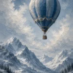 Dusty blue hot air balloon nursery prints featuring a balloon above snowy mountains and pale winter tones