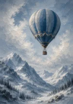 Dusty blue hot air balloon nursery prints featuring a balloon above snowy mountains and pale winter tones