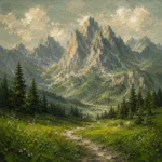 Moss green mountain nursery wall art print featuring alpine peaks, forests, and peaceful valley scenery