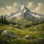 Moss green mountain nursery wall art print featuring a snowy alpine peak above a meadow landscape