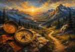 Ochre and navy adventure nursery wall art print featuring a vintage compass, mountain trail, and wilderness landscape