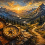 Ochre and navy adventure nursery wall art print featuring a vintage compass, mountain trail, and wilderness landscape