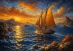 Ochre and navy adventure nursery wall art print featuring a wooden sailboat across a coastal landscape