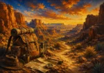Ochre and navy adventure nursery wall art print featuring desert canyon scenery and vintage explorer gear