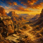 Ochre and navy adventure nursery wall art print featuring desert canyon scenery and vintage explorer gear