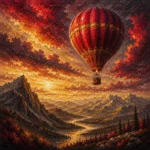 Merlot & Antique Gold hot air balloon print nursery featuring a majestic balloon above a mountain valley with golden evening light for elegant interiors