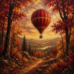 Merlot & Antique Gold hot air balloon print nursery featuring a vintage balloon above an autumn woodland with warm afternoon light for elegant interiors