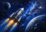 Midnight Navy Luxe space nursery art featuring a majestic rocket ship traveling through glowing nebulae and distant planets for elegant interiors
