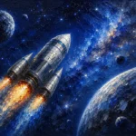Midnight Navy Luxe space nursery art featuring a majestic rocket ship traveling through glowing nebulae and distant planets for elegant interiors