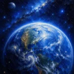 Cobalt Editorial outer space nursery wall art featuring a luminous blue planet with glowing atmosphere and distant stars for elegant interiors