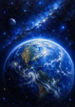 Cobalt Editorial outer space nursery wall art featuring a luminous blue planet with glowing atmosphere and distant stars for elegant interiors
