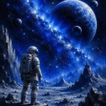 Cobalt Editorial outer space nursery wall art featuring a futuristic astronaut on a rocky alien moon beneath towering planets for elegant interiors