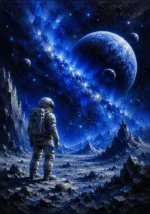 Cobalt Editorial outer space nursery wall art featuring a futuristic astronaut on a rocky alien moon beneath towering planets for elegant interiors