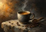 Espresso Gallery coffee poster art featuring a ceramic espresso cup with steam, roasted beans, and warm vintage tones