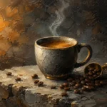 Espresso Gallery coffee poster art featuring a ceramic espresso cup with steam, roasted beans, and warm vintage tones