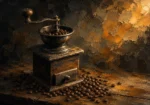 Espresso Gallery coffee poster art featuring a vintage coffee grinder with roasted beans and warm wooden textures