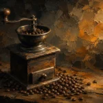 Espresso Gallery coffee poster art featuring a vintage coffee grinder with roasted beans and warm wooden textures