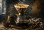Espresso Gallery coffee poster art featuring a pour-over coffee setup with a glass dripper, carafe, and rich brew tones
