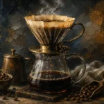 Espresso Gallery coffee poster art featuring a pour-over coffee setup with a glass dripper, carafe, and rich brew tones