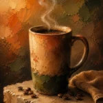 Clay and moss coffee wall art featuring a ceramic coffee mug with steam, roasted beans, and warm earthy tones