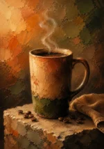 Clay and moss coffee wall art featuring a ceramic coffee mug with steam, roasted beans, and warm earthy tones