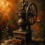 Clay and moss coffee wall art featuring a vintage coffee grinder with roasted beans, aged stones, and botanical accents