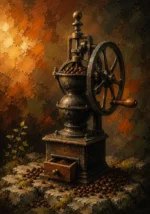 Clay and moss coffee wall art featuring a vintage coffee grinder with roasted beans, aged stones, and botanical accents