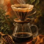 Clay and moss coffee wall art featuring a pour-over coffee dripper, glass server, flowing brew, and soft steam