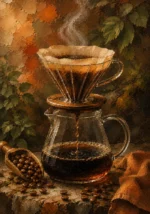 Clay and moss coffee wall art featuring a pour-over coffee dripper, glass server, flowing brew, and soft steam