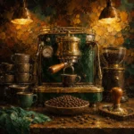 Amber and emerald coffee shop wall art featuring a brass espresso machine, ceramic cups, roasted beans, and café details