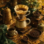 Amber and emerald coffee shop wall art featuring a pour-over station with a glass dripper, kettle, ceramic server, and coffee beans