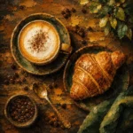 Amber and emerald coffee shop wall art print featuring a cappuccino, croissant, and roasted coffee beans on a rustic wooden café table for elegant interiors