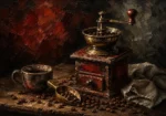 Merlot Library vintage coffee wall art print featuring an antique brass coffee grinder with roasted coffee beans and an aged ceramic cup for elegant interiors