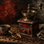 Merlot Library vintage coffee wall art print featuring an antique brass coffee grinder with roasted coffee beans and an aged ceramic cup for elegant interiors