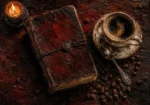 Merlot Library vintage coffee wall art print featuring a leather-bound journal, porcelain coffee cup, silver teaspoon, and roasted coffee beans for elegant interiors