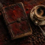 Merlot Library vintage coffee wall art print featuring a leather-bound journal, porcelain coffee cup, silver teaspoon, and roasted coffee beans for elegant interiors