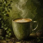 Moss & Sage coffee bar wall art print featuring a steaming ceramic latte cup, botanical greenery, and roasted coffee beans for elegant interiors