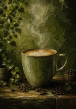Moss & Sage coffee bar wall art print featuring a steaming ceramic latte cup, botanical greenery, and roasted coffee beans for elegant interiors