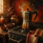 A polished stovetop moka pot gently releases steam atop a classic cast-iron range, accompanied by a folded linen towel, rustic ceramic bowls, and naturally scattered roasted coffee beans. Golden afternoon light streams across the arrangement, creating rich highlights, atmospheric shadows, and visually textured, impasto-inspired brushwork. The Rust Red Gallery palette of warm reds, amber golds, earthy browns, and charcoal accents evokes timeless comfort and artisanal character.This artwork is perfectly suited for kitchens, breakfast nooks, coffee stations, dining spaces, and cozy gallery walls. Its warm palette and classic composition complement farmhouse, rustic, cottage, industrial, traditional, and transitional interiors, adding inviting café-inspired charm to everyday living.Available as a Canvas Print, Acrylic Print, Metal Print, and Museum Matte Poster, this coffee kitchen wall art brings refined coffee culture into beautifully curated interiors with enduring style.