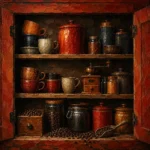 Rust Red Gallery coffee kitchen wall art print featuring handcrafted coffee cups, artisan jars, antique spice containers, and roasted coffee beans for elegant interiors