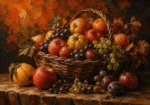 Terracotta Editorial fruit bowl paintings print featuring a rustic basket with apples, quince, grapes, and plums on a farmhouse table for elegant interiors